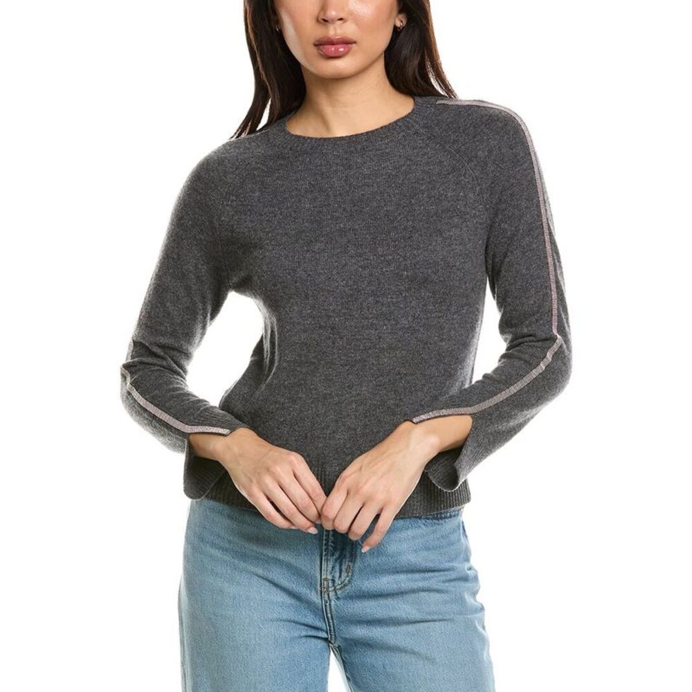 Brodie Cashmere Womens  Glitz Split Cuff Crewneck 100% Cashmere Sweater, Grey